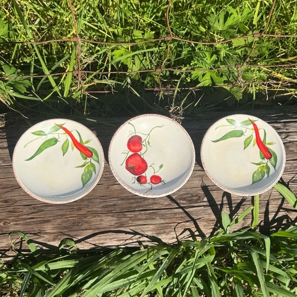 3 CRATE BARREL Red Chili Pepper Tomato Pottery Salsa Appetizer Bowl Portugal 6”